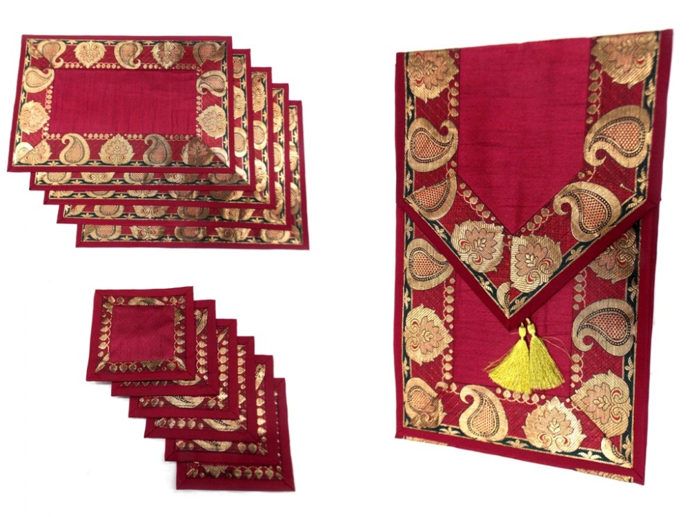 Indian Silk Table Runner with 6 Place Mats & 6 Coaster in Maroon Color Size 16x62